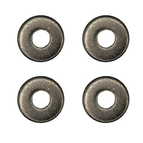 Four metallic washers on a white background