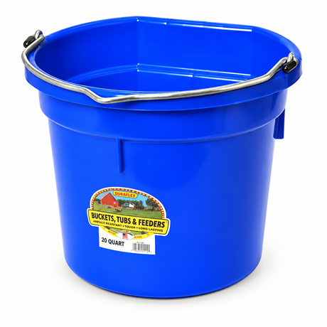 Miller MFG blue flat back plastic bucket, 20 quart, with heavy duty wire bail handle