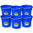 Six Miller MFG blue flat back plastic buckets, 20 quart each