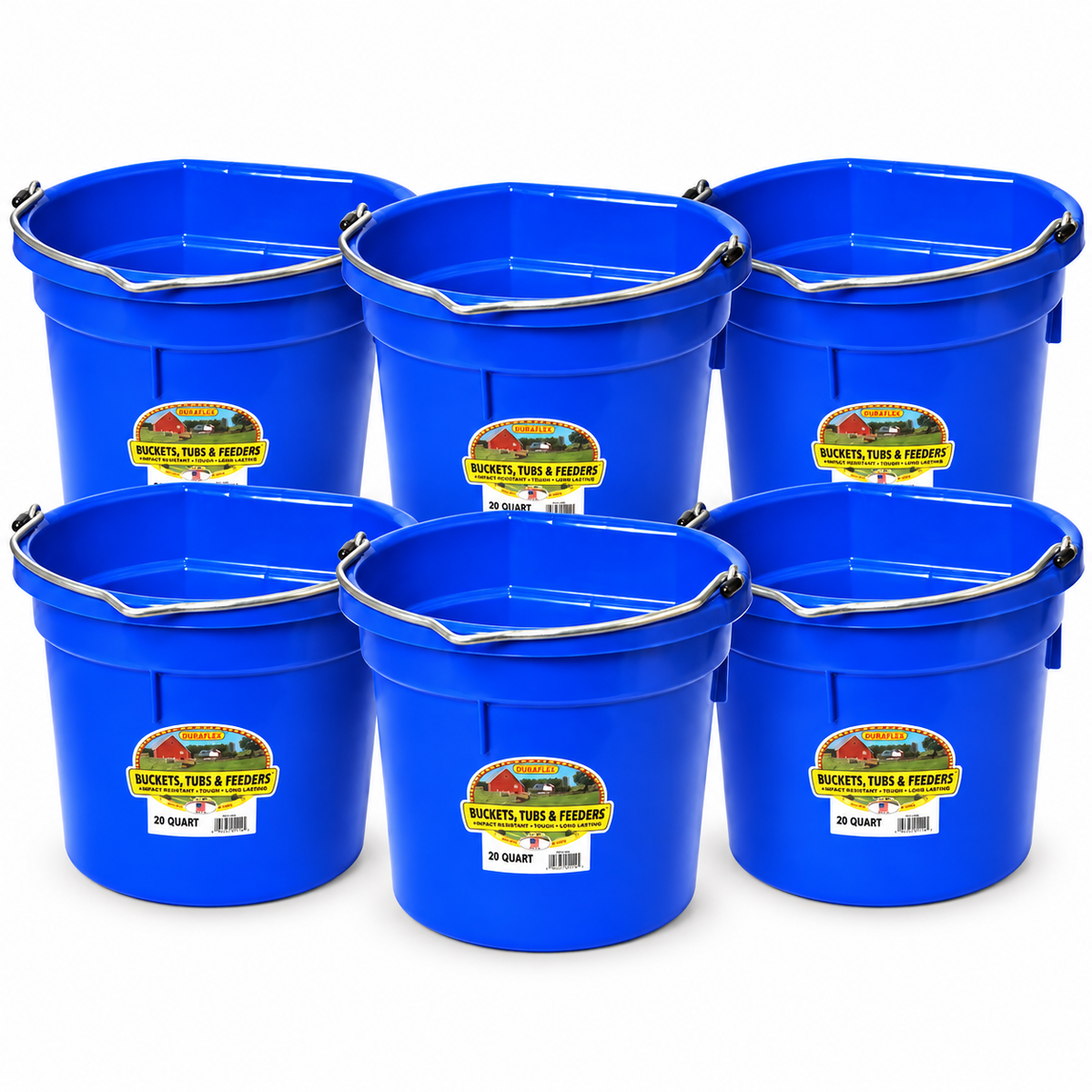 Six Miller MFG blue flat back plastic buckets, 20 quart each
