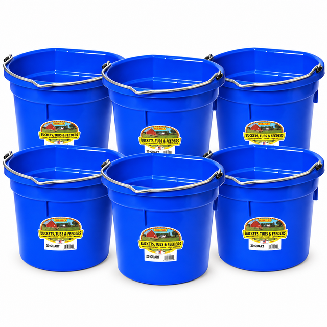 Six Miller MFG blue flat back plastic buckets, 20 quart each
