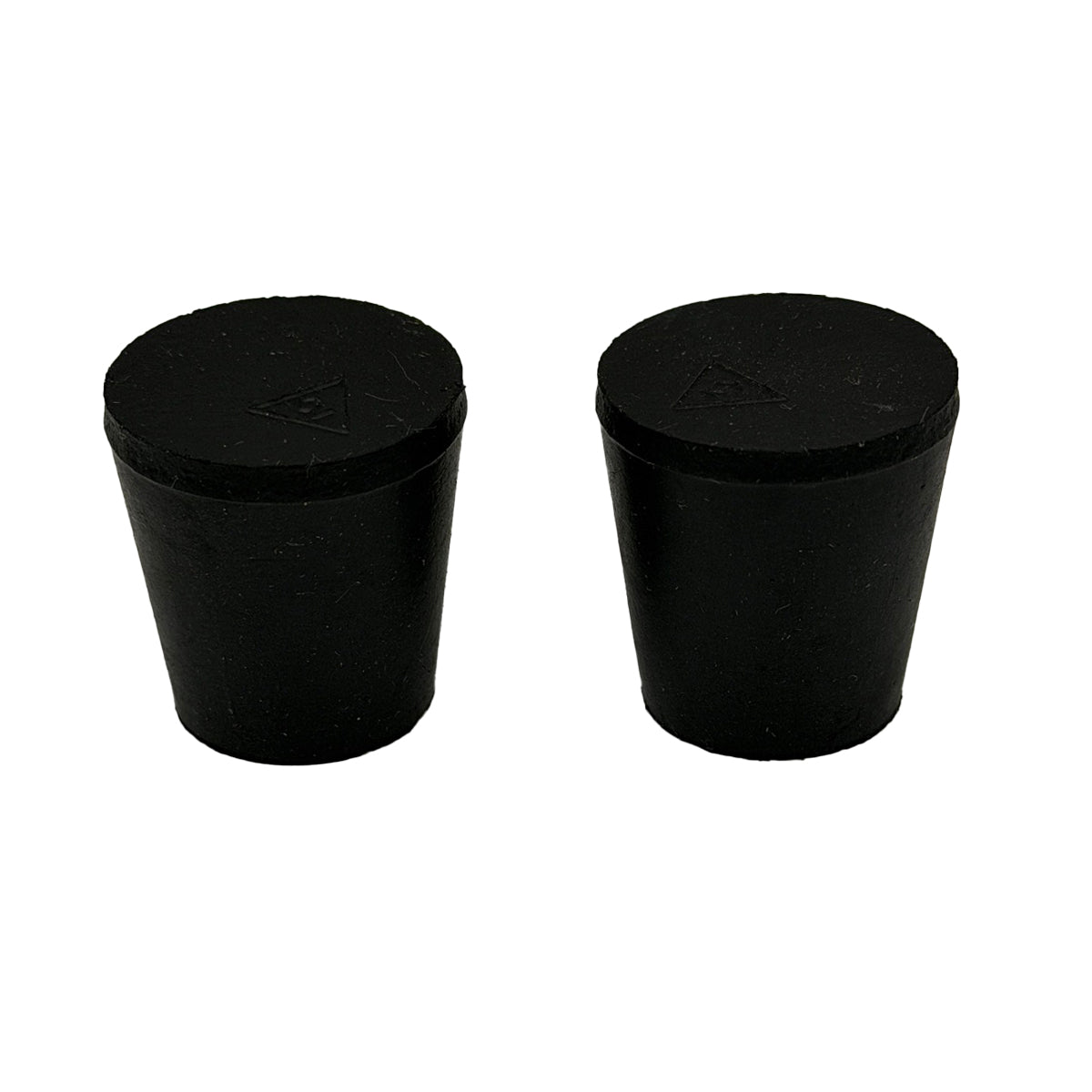 Two black rubber bungs on a white background