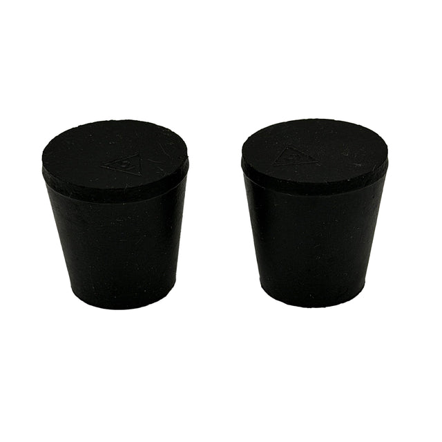 Two black rubber bungs on a white background