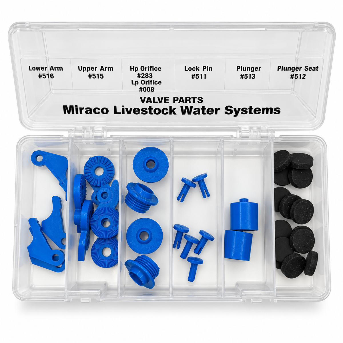 Miraco 186 valve repair kit for the blue 521B waterer valve, kit laid out with all parts and components visible