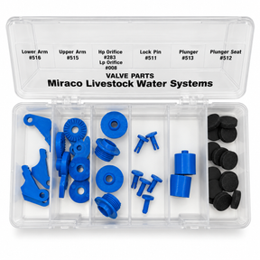 Miraco 186 valve repair kit for the blue 521B waterer valve, kit laid out with all parts and components visible
