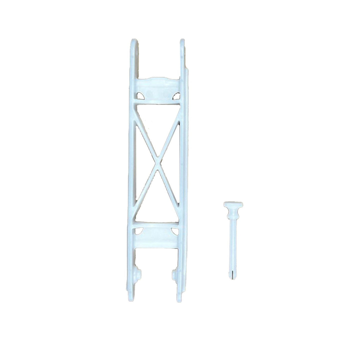 A metal float arm package consisting of a few components, primarily silver in color, including a pin and an arm assembly for a waterer.