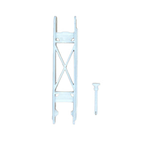 A metal float arm package consisting of a few components, primarily silver in color, including a pin and an arm assembly for a waterer.