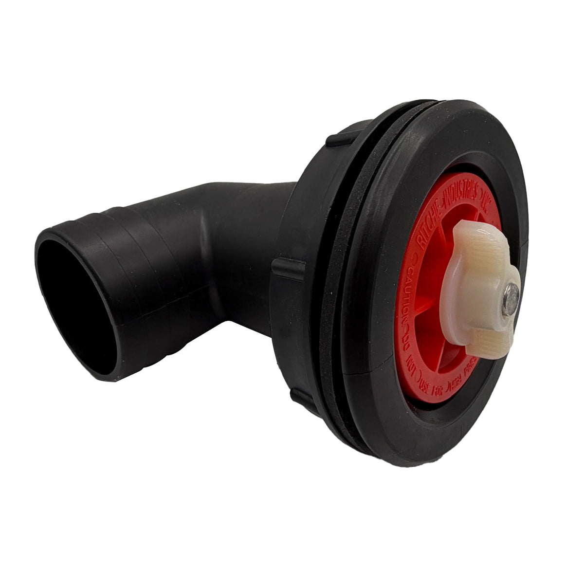 Ritchie 18852 CattleMaster drain assembly with the red plug seated in the elbow