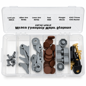 Miraco 189 valve repair kit for the grey 521 waterer valve, kit laid out with all parts and components visible