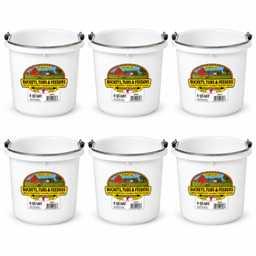 Little Giant 8 quart round plastic buckets in white, 6 pack