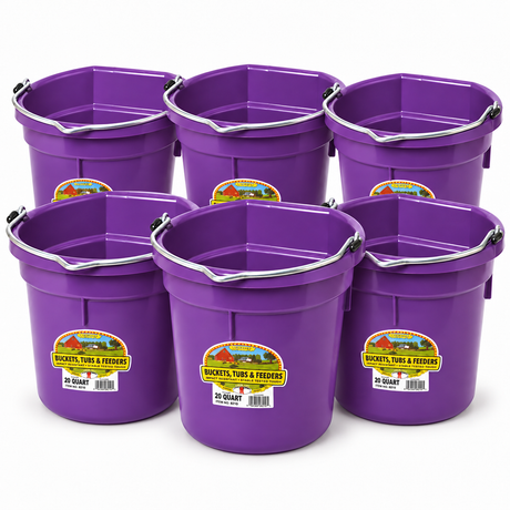 Six Miller MFG purple flat back plastic buckets, 20 quart each
