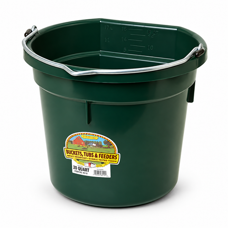 Miller MFG green flat back plastic bucket, 20 quart, with heavy duty wire bail handle