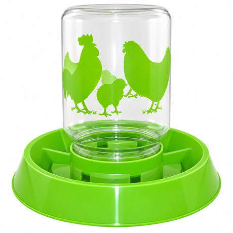 Lixit 64 oz chicken feeder and waterer, clear jar with green chicken silhouette on a green reversible base, part 21141383