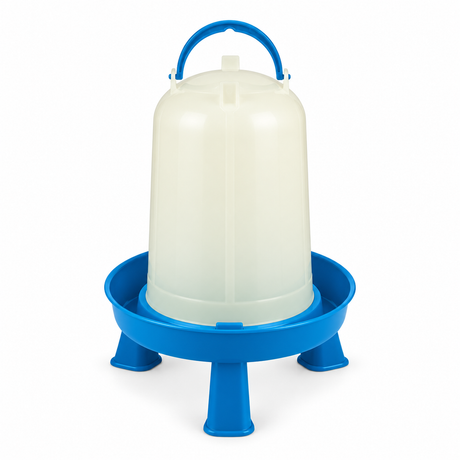 Double-Tuf DT9874 1 gallon poultry waterer, translucent body on a blue base with removable legs and a blue carry handle, part 21284572