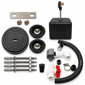 Miraco LilSpring 3100 parts bag 265 contents laid out, valve assembly, float assembly, bottom gasket, drain plug and anchor hardware