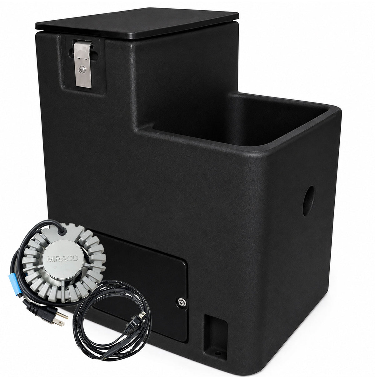 Miraco LilSpring 2801 heated single trough automatic waterer in black, shown with the 290 watt immersion heater and self regulating heat cable