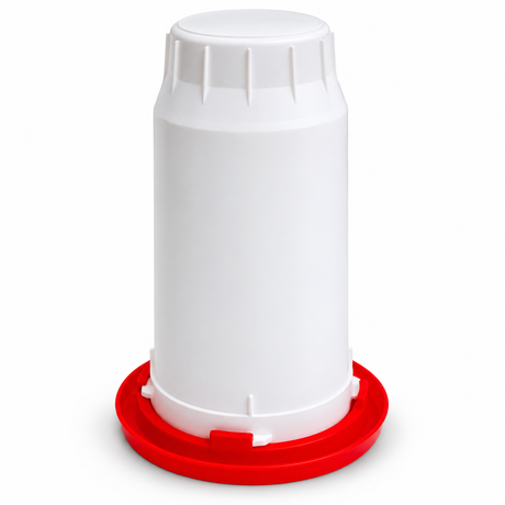 Brower 2GFQ two gallon white poly small bird fount on a red drown proof quail base