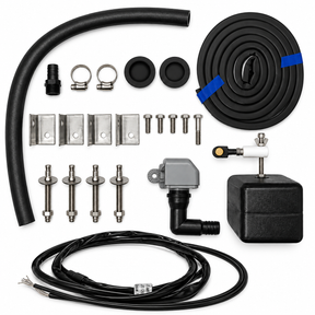 Miraco 3330E parts bag 452-5 laid out, valve assembly, float assembly, heat cable, bottom gasket, anchor bolts, anchor clips and rubber drain plug