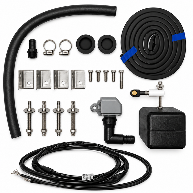 Miraco 3330E parts bag 452-5 laid out, valve assembly, float assembly, heat cable, bottom gasket, anchor bolts, anchor clips and rubber drain plug
