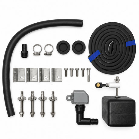 Miraco 3330 parts bag 452 laid out, valve assembly, float assembly, bottom gasket, anchor bolts, washers, nuts, anchor clips and rubber drain plug