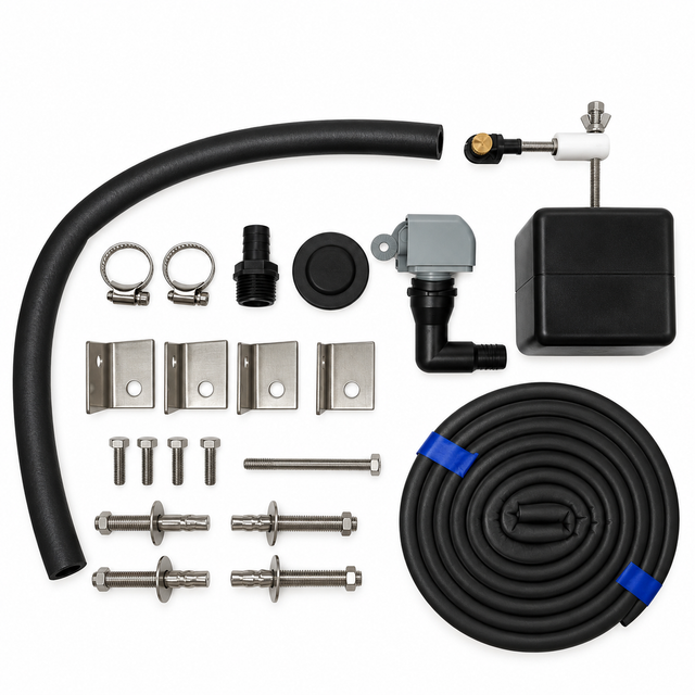Miraco 3345 parts bag A106 laid out, valve assembly, float assembly, bottom gasket, anchor bolts, washers, nuts, anchor clips, starter bolt and rubber drain plugs