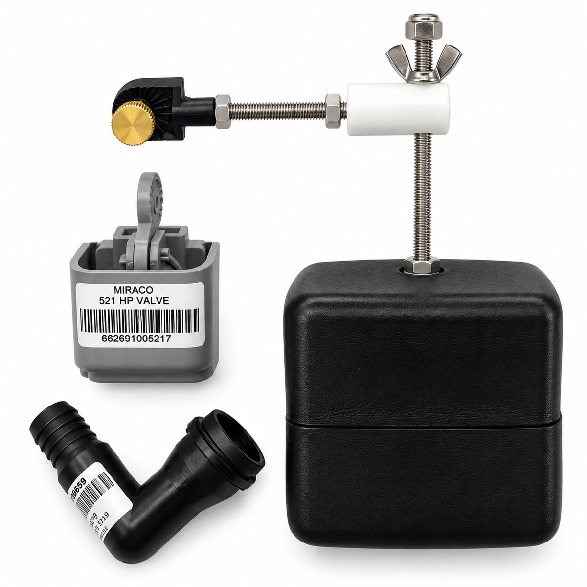 Miraco 3345 valve and float package for units after May 2016, the 521 grey valve, 458 float assembly and 672 custom elbow