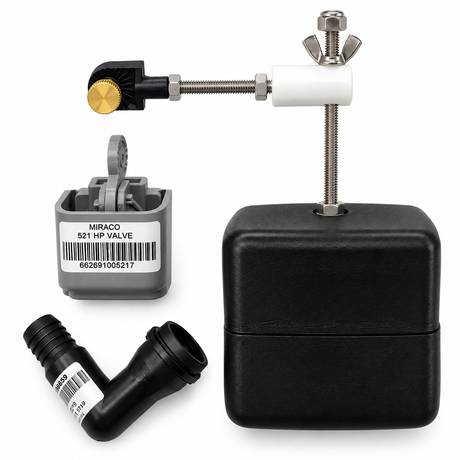 Miraco 3345 valve and float package for units after May 2016, the 521 grey valve, 458 float assembly and 672 custom elbow