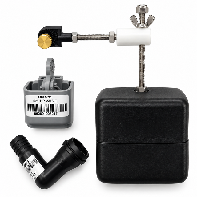Miraco 3345 valve and float package for units after May 2016, the 521 grey valve, 458 float assembly and 672 custom elbow