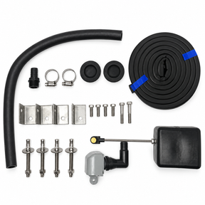 Miraco 3350 parts bag A466 laid out, valve assembly, float assembly, bottom gasket, anchor bolts, washers, nuts, anchor clips and rubber drain plugs