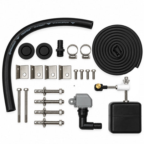 Miraco 3390 parts bag 694 laid out, valve assembly, float assembly, flex hose, hose clamps, bottom gasket coil, anchor bolts, anchor clips and rubber drain plugs