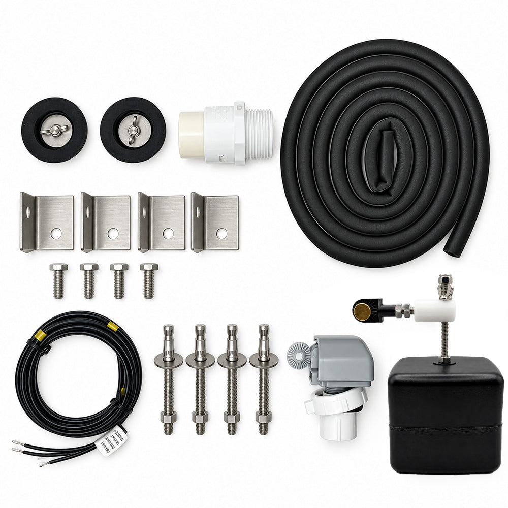 Miraco 3410E parts bag 728-5 contents laid out, valve assembly, float assembly, heat cable, outer fill assembly, bottom gasket and anchor hardware for the heated two trough hog waterer
