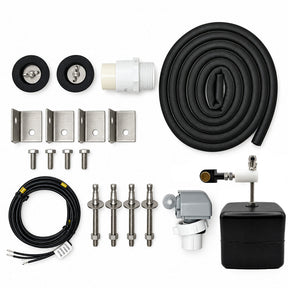 Miraco 3410E parts bag 728-5 contents laid out, valve assembly, float assembly, heat cable, outer fill assembly, bottom gasket and anchor hardware for the heated two trough hog waterer