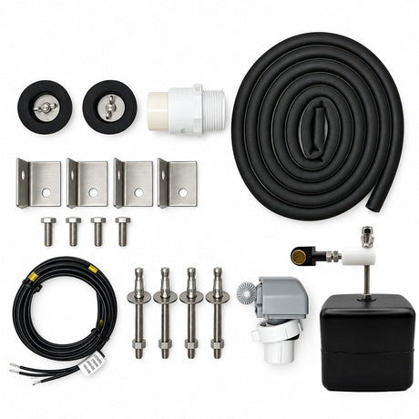 Miraco 3410E parts bag 728-5 contents laid out, valve assembly, float assembly, heat cable, outer fill assembly, bottom gasket and anchor hardware for the heated two trough hog waterer