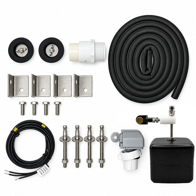 Miraco 3410E parts bag 728-5 contents laid out, valve assembly, float assembly, heat cable, outer fill assembly, bottom gasket and anchor hardware for the heated two trough hog waterer