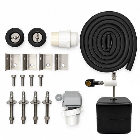 Miraco 3410 parts bag 728 contents laid out, valve assembly, float assembly, outer fill assembly, bottom gasket, drain plug and anchor hardware for the two trough hog waterer
