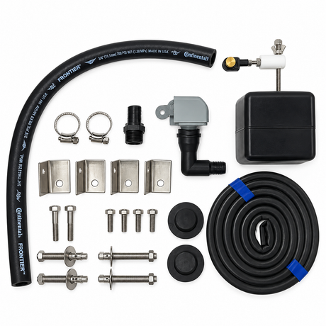 Miraco 3465 parts bag 459 laid out, valve assembly, float assembly, bottom gasket, anchor bolts, washers, nuts, anchor clips and rubber drain plugs