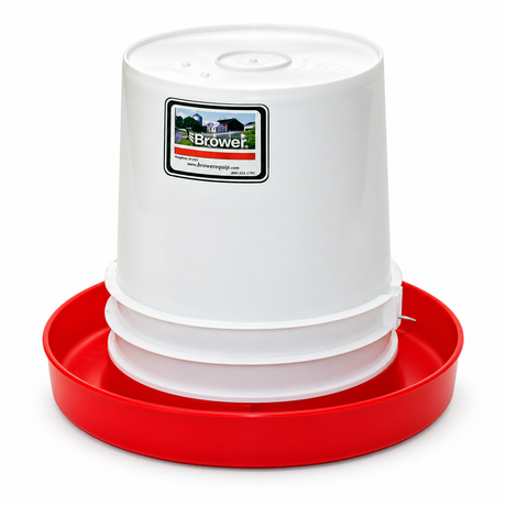 Brower 3GF 3.5 gallon white poly tip-over poultry fount on a red base