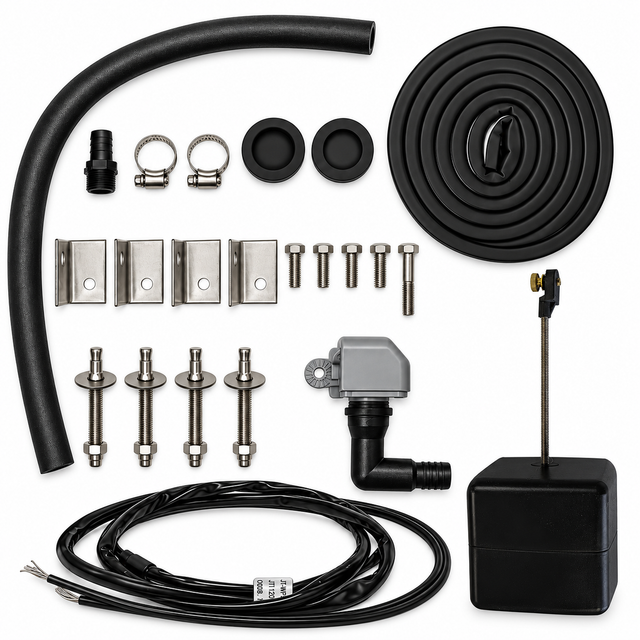 Miraco 3340E parts bag A446-5 contents laid out, valve assembly, float assembly, heat cable, bottom gasket and anchor hardware for the heated sheep waterer