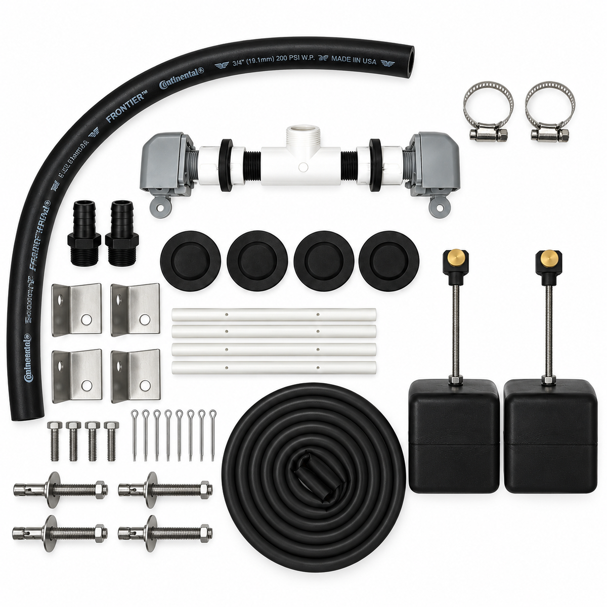 Miraco 3370-S complete parts bag 477 laid out, dual valve assembly, two float assemblies, flex hose, bottom gasket, anchor bolts, anchor clips, cotter keys and rubber drain plugs