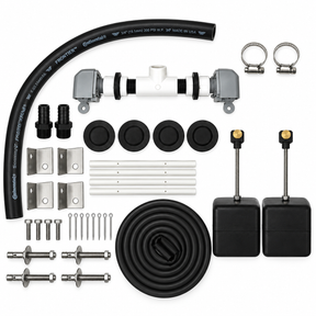 Miraco 3370-S complete parts bag 477 laid out, dual valve assembly, two float assemblies, flex hose, bottom gasket, anchor bolts, anchor clips, cotter keys and rubber drain plugs