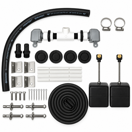 Miraco 3370-S complete parts bag 477 laid out, dual valve assembly, two float assemblies, flex hose, bottom gasket, anchor bolts, anchor clips, cotter keys and rubber drain plugs