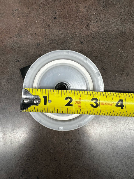 High Country Plastics white replacement cap ZC-100638-N shown with a tape measure for sizing