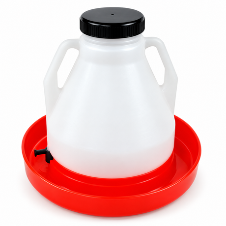 Brower 4GF four gallon white poly top fill poultry fount with two handles on a red base