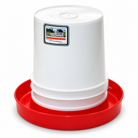 Brower 5GF five gallon white poly tip-over poultry fount on a red base