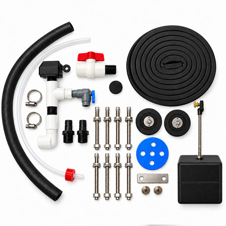 Miraco 6000 parts bag 937 contents laid out, valve assembly, float assembly, bottom gasket, drain plugs, drain screen and anchor hardware for the BIGspring waterer