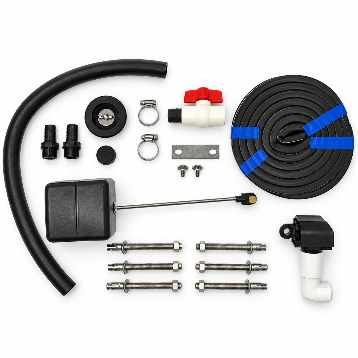 Miraco 6100 parts bag 243 contents laid out, valve assembly, float assembly, bottom gasket, drain plugs and anchor hardware for the BigSpring freestall dairy waterer