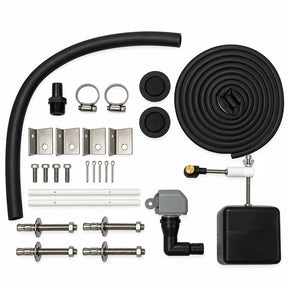 Miraco 3354-S parts bag 653 laid out, valve assembly, float assembly, bottom gasket, anti syphon device, anchor bolts, washers, nuts, anchor clips, cotter keys and rubber drain plugs