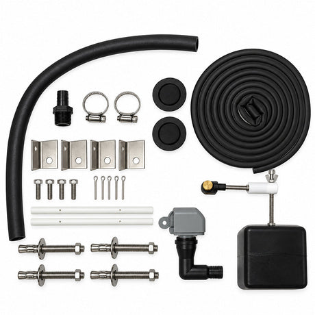 Miraco 3354-S parts bag 653 laid out, valve assembly, float assembly, bottom gasket, anti syphon device, anchor bolts, washers, nuts, anchor clips, cotter keys and rubber drain plugs