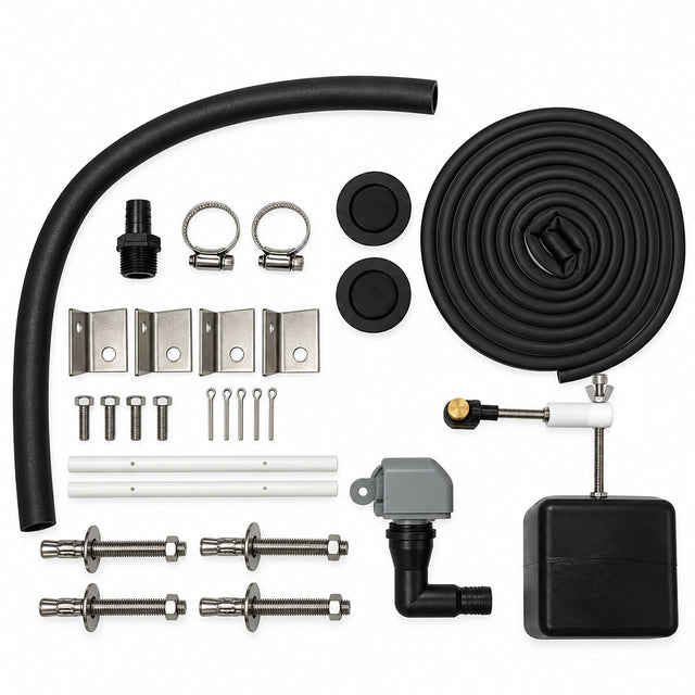 Miraco 3354-S parts bag 653 laid out, valve assembly, float assembly, bottom gasket, anti syphon device, anchor bolts, washers, nuts, anchor clips, cotter keys and rubber drain plugs
