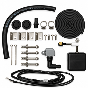 Miraco 3390E parts bag 694-5 laid out, valve assembly, float assembly, heat cable, bottom gasket, flex hose, anchor bolts, anchor clips and rubber drain plugs